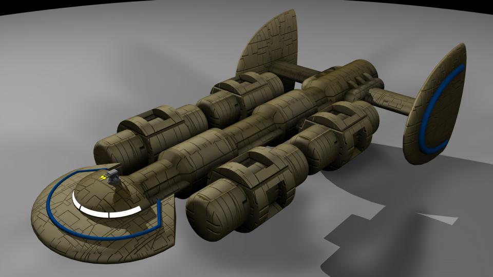 The Miranu Freighter was a common sight in Miranu territory, and also throughout the Crescent. During flight, the cargo containers would rotate in the opposite direction to each other.