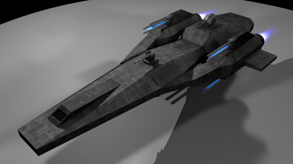 The Chiron is a simple design, armed with four railguns, two laser turrets and two mass driver turrets. It's available on the civilian market and popular among mercenaries, bounty hunters and pirates. The Chiron will make an appearance in Revenant Wraith. Created May 2006