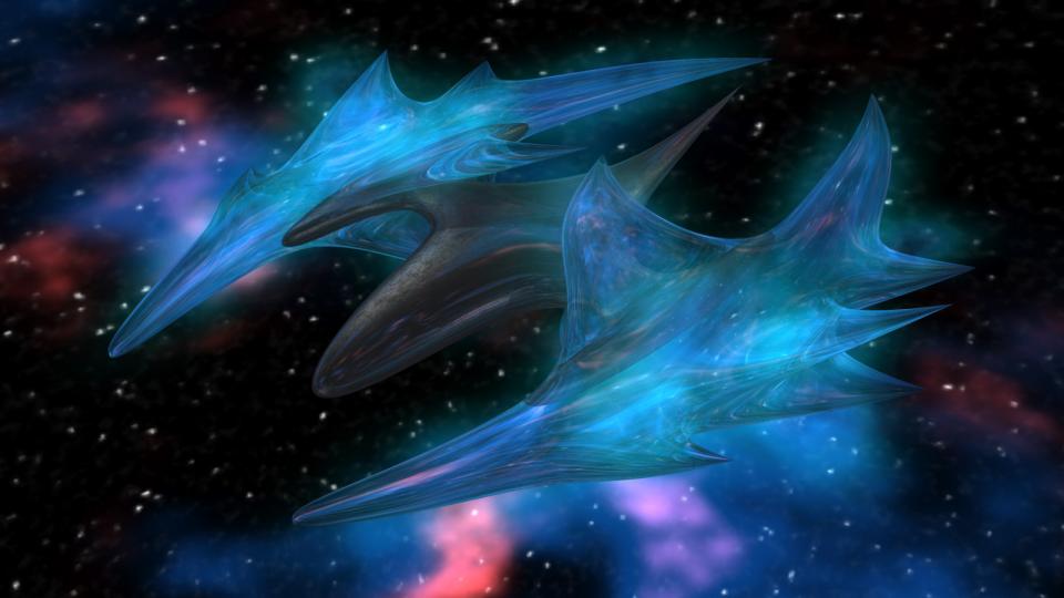 The Vell-os were psionically gifted Humans from EV Nova. They would make an appearance as a species in Dark Swarm. This ship is actually a Han-yos model (they're the dark counterparts of the Vell-os), but blue, like Vell-os ships. I kind of liked the look of it. This took ages to render on my older computer. Created January 2013, although the original model is way older.