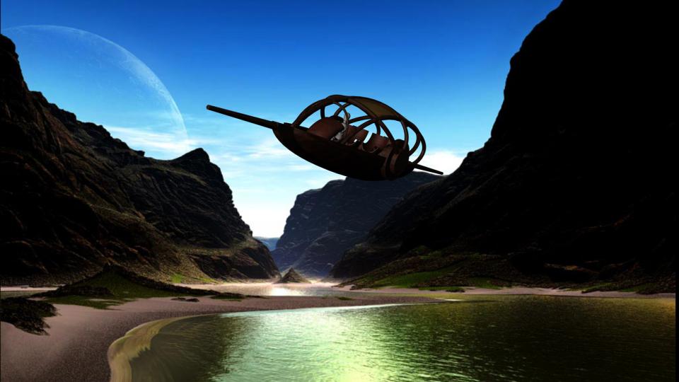 The Exilan passing over a lake. Sorry about the puppet piloting it, I have no characters to place there, and I have no skill in character modelling. Background was done with Mojo World Generator.