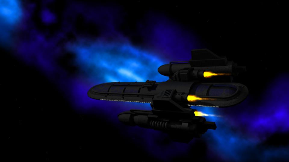 A Freefall-class Freighter in front of a nebula. These ships were designed to be sturdy and withstand more punishment than other freighters.